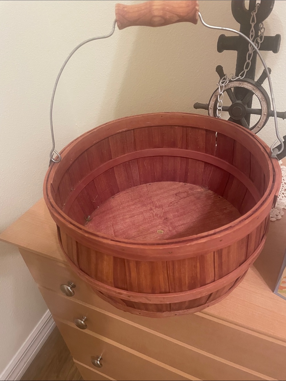 Handheld Red Wooden Market Basket with Wood Grip Handle